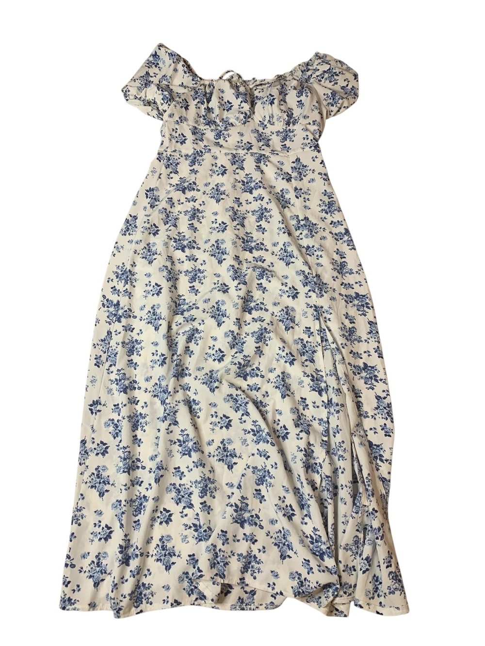 Blue & White Floral Cottagecore Maxi Dress | Puff Sleeve Slit Side M